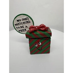Present Trinket Box Christmas Decor No One's Watching Take A Peek Hard Clay - Picture 1 of 7