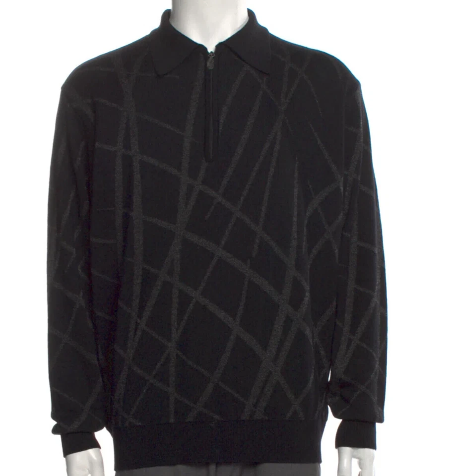 Auth VERSACE Black with METALLIC Design MERINO Wool Collared SWEATER Short ZIP - Image 1 of 4