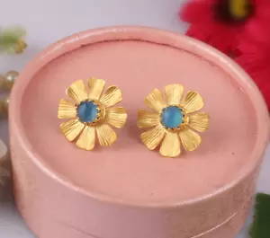 Gold Plated Flower Earrings Blue Chalcedony Brass Stud Earrings Jewelry - Picture 1 of 7
