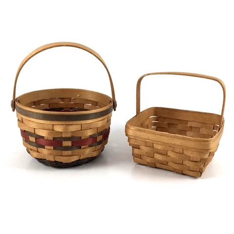 2 Vintage 1999 Mini bwb Bradford Wee Baskets Signed - Round & Square  w/ Handles Cover