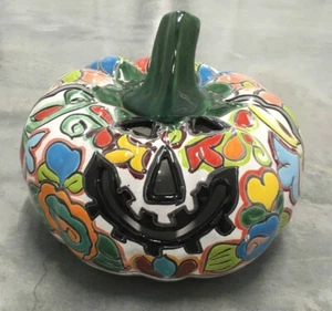 Talavera Pottery Pumpkin Jack O Lantern Halloween Mexican Folk Art Candle Holder - Picture 1 of 12