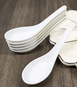 Contemporary Glossy Finish White Melamine Asian Soup Spoons Pack Of 6 Set - Picture 1 of 9