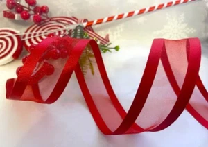 FESTIVE RED Christmas Elegant edges Sheer & Satin - Luxury Wire Edge Ribbon 38mm - Picture 1 of 7