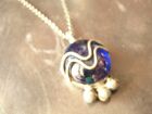 Cobalt Blue Glass Wire Wrapped Pendant Chain Necklace Silver Tone Vintage
