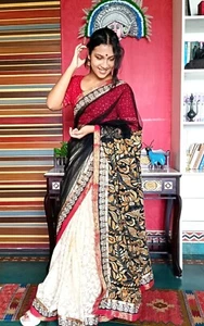 Riaa Boutique Designer verziert Saree weiches Hochzeitsnetz reich Kantha Pallu Sari - Bild 1 von 5