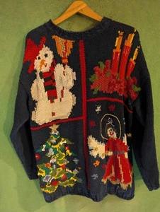 Vintage blue Christmas sweater - Crystal Kobe, snowman, angel, tree - L - Picture 1 of 2