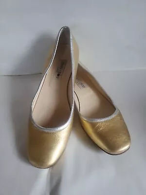 Jimmy Choo Sz 40.5 Gold Ballet Flats Silver Trim Round Toe Metallic Party - Image 1 of 4