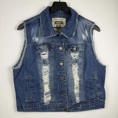 Chaleco vaquero Route 66 para mujer talla mediana desgastado Y2K Western Grunge ropa de calle Foto 1 de 4