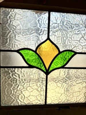 English Leaded Stained Glass Window 18” Antique Victorian Wood Frame Read - Image 1 of 4