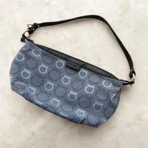 Salvatore Ferragamo Gancini Canvas Leather Accessory Pouch Blue Shoulder Auth - Picture 1 of 11