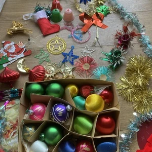 Vintage retro c60s 70s Christmas decorations,silk spun baubles,plastic,glitter + - Picture 1 of 24