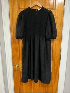 GANNI Black Smock Bodice Puff Sleeve Midi Dress Size 36 US 4 - Picture 1 of 9