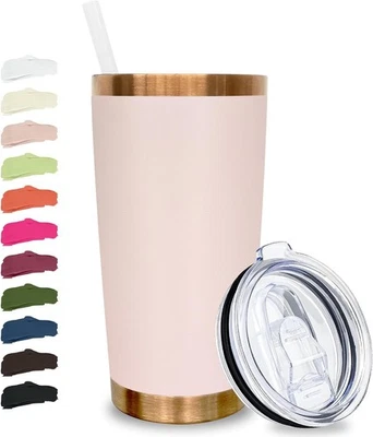 Vaso 20 oz acero inoxidable con tapa y pajita, doble pared rosa  Foto 1 de 4