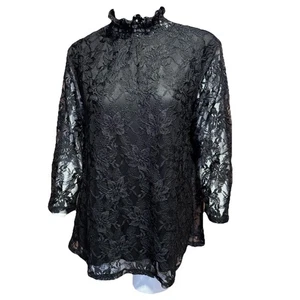 Black Lace XL Ruffle Neck Blouse Victorian Romantic Style Whimsigoth Keyhole - Picture 1 of 9