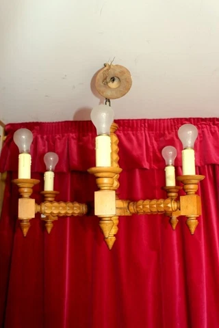 Antique French Oak Wood 6 arms Chateau Chandelier 70 H  x 67 W cm Cover