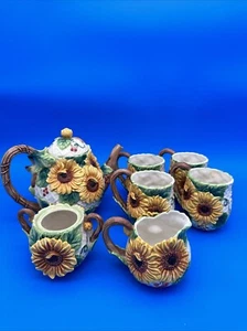 Fitz and Floyd Tea Set Sunflower Chickadee Collection 1992 Handpainted See Descr - Picture 1 of 24