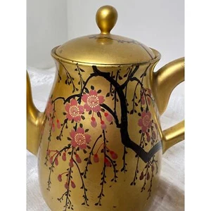 Japanese Lacquer Ware Tea Pot Teapot Gold Pink Cherry Blossom Floral Wood - Picture 1 of 8
