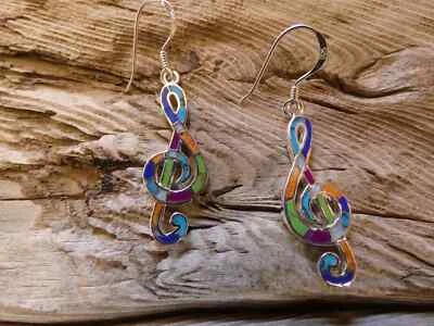 Music Note Treble Clef Multi Gemstone Sterling Silver French Wire Earrings T23 - Image 1 of 4
