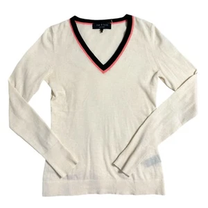 Rag & Bone Cashmere Wool V-Neck Sweater Size S Neon Pink Black Cream Preppy - Picture 1 of 8