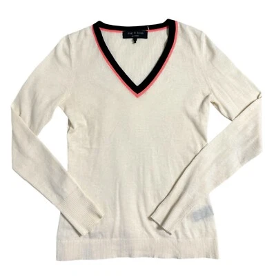 Rag & Bone Cashmere Wool Sweater Small V-Neck Pink Black Cream Preppy Luxury - Image 1 of 4