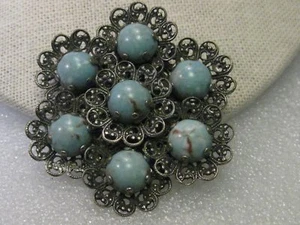 Broche Vintage, Piedra Azul Filigrana Tono Plata Art Deco Forma Flor, 2.25" - Imagen 1 de 6