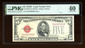 DBR 1928-D $5 Legal Fr. 1529 Vinson GA Block PMG XF-40 Serial G64280050A - Picture 1 of 2