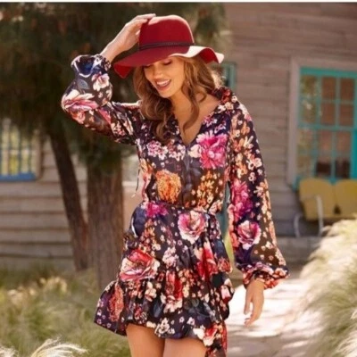 Torn By Ronny Kobo 黑色花卉不对称荷叶边迷你连衣裙 L 码 — 第 1/4 张图片