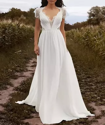 Modest A-Line Wedding Dress V Neck Court Train Chiffon Lace Cap Sleeve Buttons - Image 1 of 4