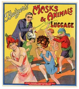 Antique, Unused MASKS & ANIMAL LUGGAGE Novelty Label, Batger, Masquerade - Bild 1 von 1