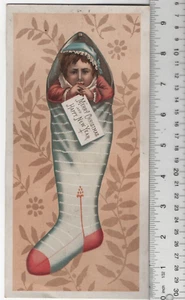 Victorian Trade Card 1880s 10"x5" Christmas Santa Claus Stocking VTC-X40 - Imagen 1 de 2