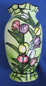 NEW Vintage 1980's Large Stained Glass Green Flower Vase 9" Excellent Condition - Picture 1 of 18