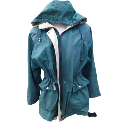 London Fog Green Rain Jacket Womens L Pockets Full Zip Removable Hood Vintage - Image 1 of 4