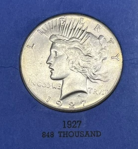 Dólar de plata de la paz 1927 "P" $ UNC / BU / ELECCIÓN FECHA SEMI CLAVE ÁLBUM ORIGINAL! - Imagen 1 de 7
