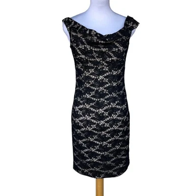 Vestido negro Halo Jackie O para mujer 4 negro encaje fuera del hombro mini funda cóctel Foto 1 de 3