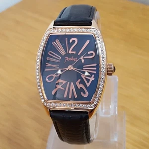 Mens Ladies Black Leather Rose Gold Swarovski Tonneau Pop-Art Pocket Watch 2039 - Picture 1 of 10