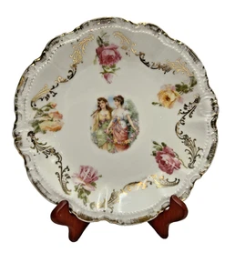 VTG PM Bavaria Hand Paint Porcelain Victorian Girls Roses Gold Gilt 8" Plate - Picture 1 of 9