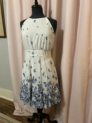 Maison Jules Womens Size 2 Dress Blue White Printed Spaghetti Strap Full Skirt - Image 1 of 4