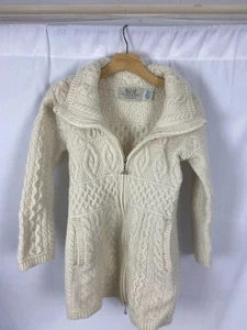 Aran Irland cremefarbener Fischerpullover aus 100 % Merinowolle mit durchgehendem Reißverschluss Damen Small. - Bild 1 von 12