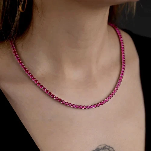 4mm Lab Created Red Ruby Tennis Necklace 18" Round Stones 14K White Gold Plated - Image 1 of 4