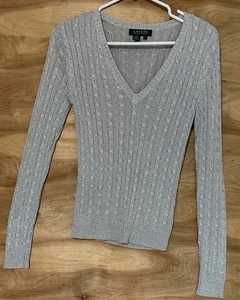 Ralph Lauren LRL Small Silk Blend Sweater Silver Metallic Pullover Cable Knit - Picture 1 of 5