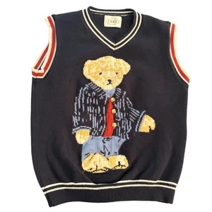 Chaleco Suéter de Sidra Azul Tejido Lana Oso Preppy Chaleco Talla XL Botones Dorados 20" p2p - Imagen 1 de 9