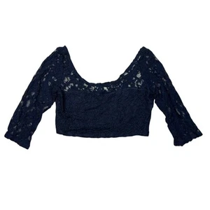 Abercrombie & Fitch A&F Lace Semi-Sheer Half Sleeve Crop Top Navy Blue L Large - Picture 1 of 6