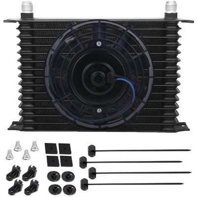 15 ROW ALUMINUM ENGINE TRANSMISSION OIL COOLER 8AN HOSE ADAPTER ELECTRIC FAN KIT - Image 1 of 4