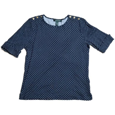 Camisa Top Lauren Ralph Lauren Para Mujer Talla L Azul Marino Blanco Lunares Botón Dorado Foto 1 de 4