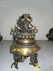Antique Bronze Simhamukha statue deity Vajravarahi Dorje Incense Burnerss Censer - Picture 1 of 7