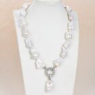20" Natural White Keshi Baroque Pearl Necklace Cz Pendant Classic For Women