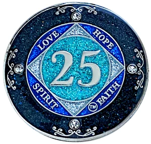 NA 25 Year Glitter & Crystals Medallion, Narcotics Anonymous Blue Glitter Coin - Picture 1 of 2