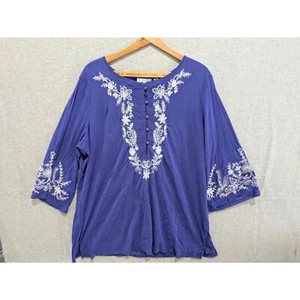 Susan Graver Top Damen Plus 1X lila flüssig Strick Blumenstickerei Tunika Bluse - Bild 1 von 8