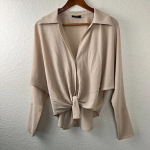 Vici Damen Bluse neutral beige vorne zum Binden Oversize Langarm Capsule XS - Bild 1 von 6