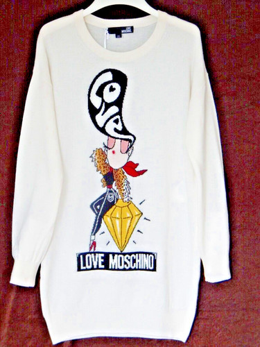 Love Moschino Pullover Maglione Vestito Bambina su Diamante Made in ITALY Avorio Nuovo con etichette